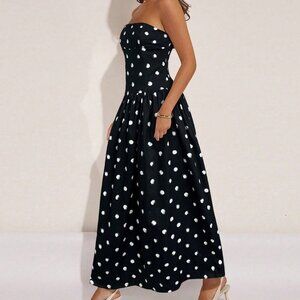 Black Casual Women's Polka Dot Print Ruffle Hem Strapless Dress